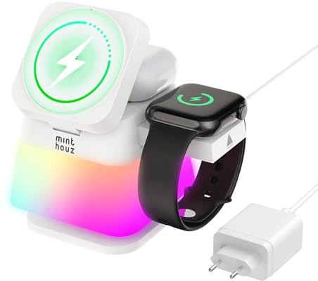 Minthouz 3-in-1 MagSafe Ladestation mit Nachtlicht, Induktive Ladestation für Apple Watch und iPhone, 15W Foldbar und Rotatie Wireless Charger für iPhone 16/15/14/13, Apple Watch & AirPods