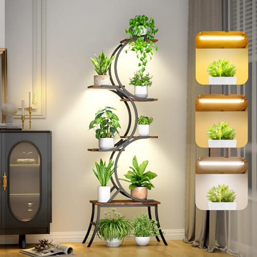 FKSLIFE 160cm Pflanzenständer Pflanzenregal mit Wachstumslicht für den Innenbereich,Dekoratives Blumenständer,6 Ebenen Blumenregal für Zimmerpflanzen Wohnzimmer,Metall Holz Blumentreppe