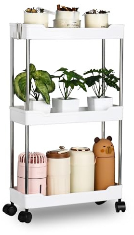 3 Tier Slim Storage Trolley Slide Out Rolling Utility Shelf Rack Storage Cart on Wheels Mobile Shelving Space Organizer with Hook for Small Narrow Spaces Kitchen/Bathroom/Laundry Room/Office ,Plastic