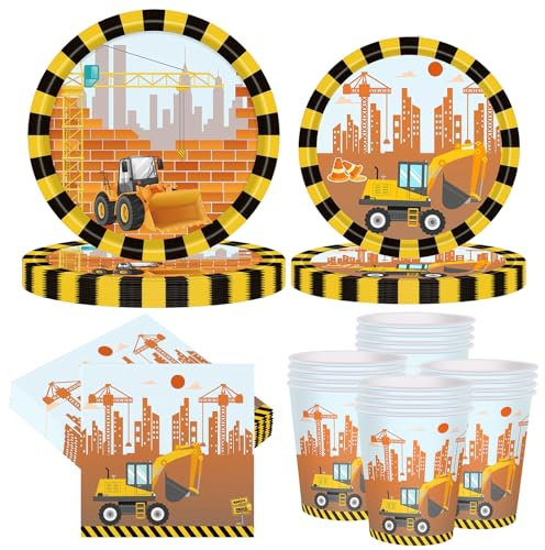 RONGZUBAT Baustelle Party Dekorationen Partygeschirr Set,68 Stück Bagger-Partygeschirr Baustelle for Kinder Geburtstag Deko Partyzubehör Pappteller,Pappbecher,Servietten für Technik Fahrzeug Party