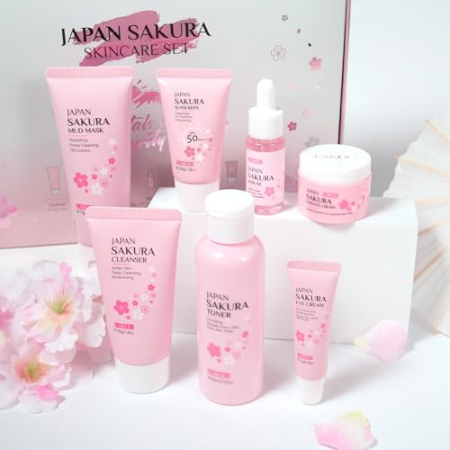 LAIKOU Set de Cuidado Facial Sakura, 7 piezas Set de Protección Solar, kit de Limpieza Facial Mujer, con Leche Limpiadora Tónico Serum Crema Ojos Mascarilla de Barro Protector Solar SPF 50