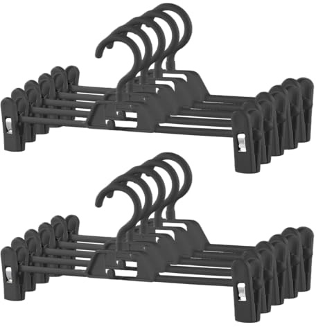 Perchas para Pantalones (10 Unidades, plástico, 34 cm, Pinzas Antideslizantes y Ajustables, Gancho Giratorio 360°, Ahorra Espacio (Negro)