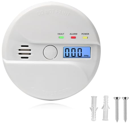 CO-Melder mit Elektrochemischem Sensor, Weißer CO-Detektor mit 2 Jahren Lebensdauer - Batteriebetrieben (2xAA), Temperaturbereich 0-50°C, inkl. Montagekleber