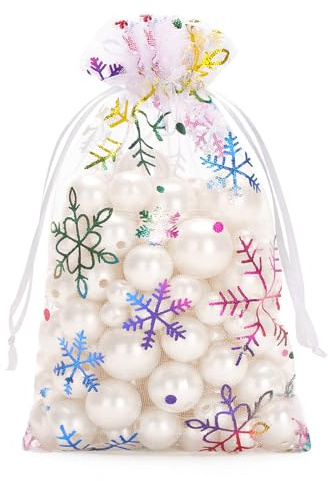 G2PLUS 10x15 cm Weihnachten Organzasäckchen: Weiß Geschenk Organzabeutel mit Bunt Schneeflocke, Transparent für Weihnachtsgeschenkverpackung und Party Deko, 50 Stück