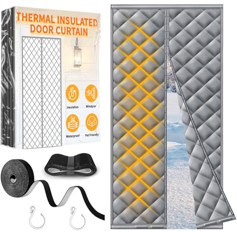 HOFUDON Magnetic Thermal Insulated Door Curtain 90 x 210cm, Heavy Duty Thermal Door Curtain for Winter, Waterproof Windproof No Drill Needed Door Cover, Powerful Magnets, Durable Oxford Fabric, Grey