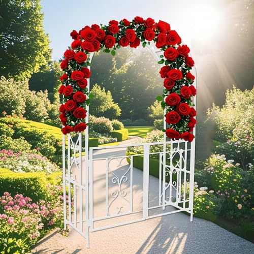 Treillis d'arche de jardin en métal robuste avec portail, pergola en fer robuste pour plantes grimpantes et vignes, portes verrouillables, tonnelle de mariage, arche décorative extérieure (blanc)