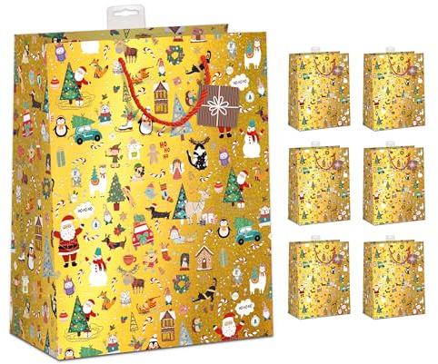 Geschenktüten Weihnachten XXL, 6 Stück | Sehr Groß & Stabil, Verstärkter Boden & Rand | Hochwertig beschichtet & mit Beschriftungskarte | Gedruckt auf FSC® Karton (210 g/m²) | 33x45x12cm