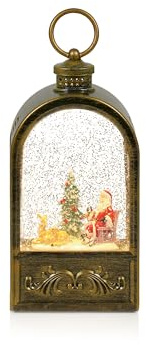 Premier Lanterne à eau avec motif Père Noël et arbre - 24 cm - Décoration de Noël dorée antique avec lumières LED blanc chaud - Fonctionnement à piles - Effet neige - Décoration festive