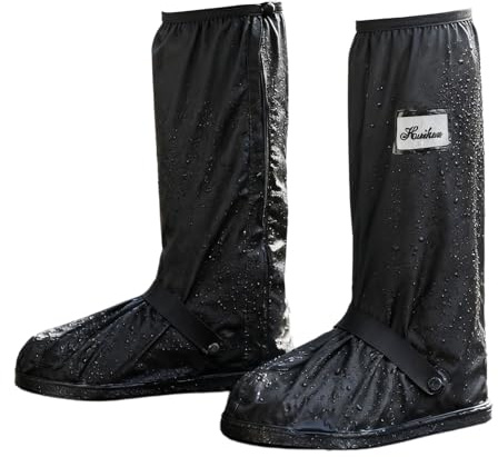 Ziyonix Copriscarpe Impermeabili Alti, Sovrascarpe Nero Resistenti all'Acqua con con Suola Antiscivolo e Cerniera Ciclismo Camminare Sovrascarpe Riutilizzabile per Pioggia Neve o Fango (XXL)