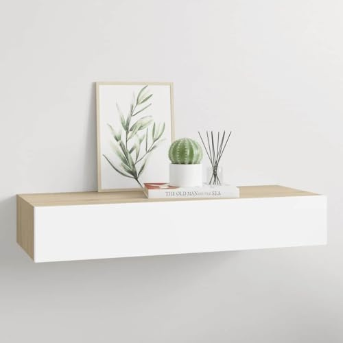 Owoxanthellate Wandregal mit Schublade Eiche-Weiß 60 x 23,5 x 10 cm aus MDF & Metall, schwebendes Design, 10 kg Tragkraft, Montage-Set inklusive für Wohnzimmer, Flur, Schlafzimmer