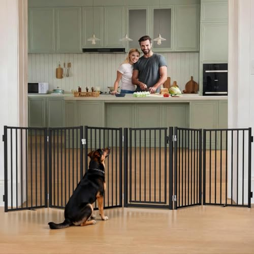 COMOMY Metall Hundegitter Freistehend mit Tür, 305cm Extra Breit Absperrgitter Hund Wohnung, 81cm Hoch Welpengitter Faltbar für Treppe Tür Flur, 6 Paneele Schutzgitter Innen & Außen, Schwarz