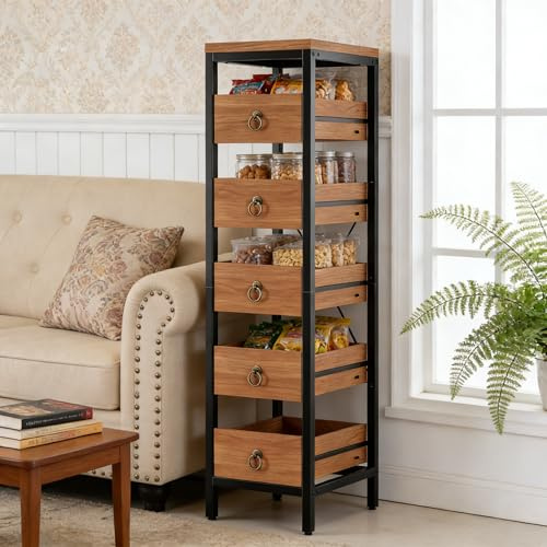 Kitchen Fruit Vegetable Storage Rack, 5-Tier Narrow Snack Fruit Display Stand with 5 Pull-Out Drawers Basket, Utility Organizer Standing Shelf for Kitchen Living Room Bathroom Supermarket, Walnut