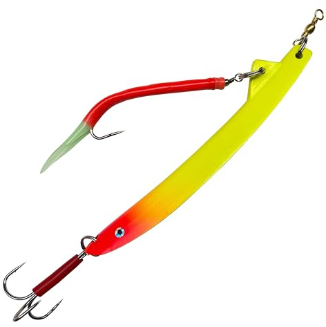 Mega Fishing MF Bergmann Pilker mit Fluo Gummi-Makk BLEIFREI - Taumelpilker Bananenpilker - Norwegen Meeres Köder Dorschköder 200 bis 500g (Rot/Gelb (UV-Aktiv), 500g)