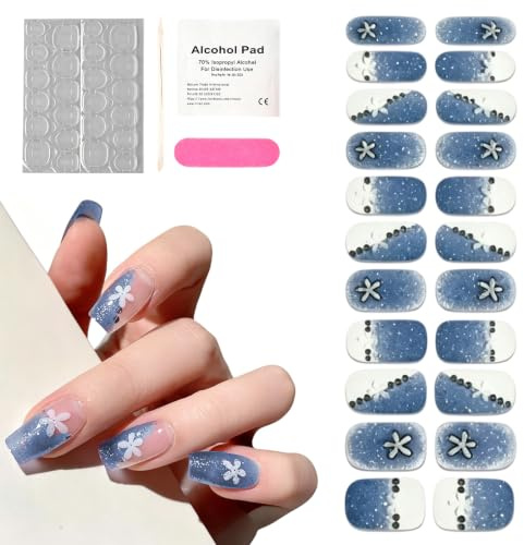 UV Nagelfolie UV Härtend - 22 Stück UV Gel Nail Strips Blau-Violett Verlauf mit Glitzer & Blumen, Nagelsticker Gelnägel zum Aufkleben, Nagelaufkleber Set inkl. Nagelfeile & Holzstäbchen