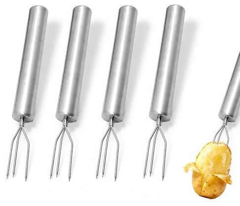 4 tenedores de patatas peladas de 15 cm, de acero inoxidable, soporte para patatas con 3 dientes, reutilizable, para pelar, asar y acampar