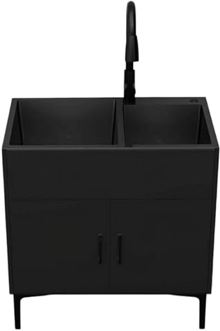 Mueble con Fregadero de Doble Cubeta, Fregadero Lavandería de Acero Inoxidable, con Almacenaje y Grifo Extraíble, Ideal for Cocina, Lavadero y Garaje(Black,29.5x16.1in/75x41cm)