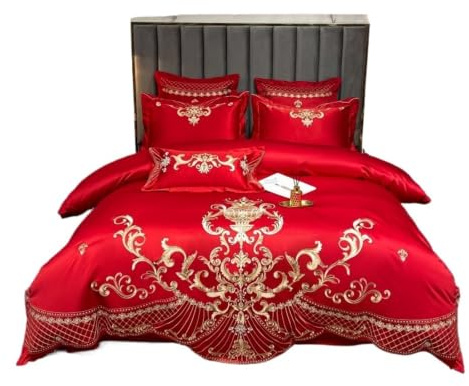 LuoAXINN Satäng sängkläder set kungligt guld tvättat satin bomull pärla vit sängkläder set täcke platt / anpassat lakan örngott hemtextil (röd, platt_king size)