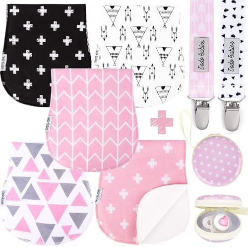 Dodo Babies Paquete de 5 paños para eructar para bebé - Paños para eructar de algodón suaves y absorbentes - Incluye estuche para chupete y 2 clips para chupete - Colores: rosa, gris y negro