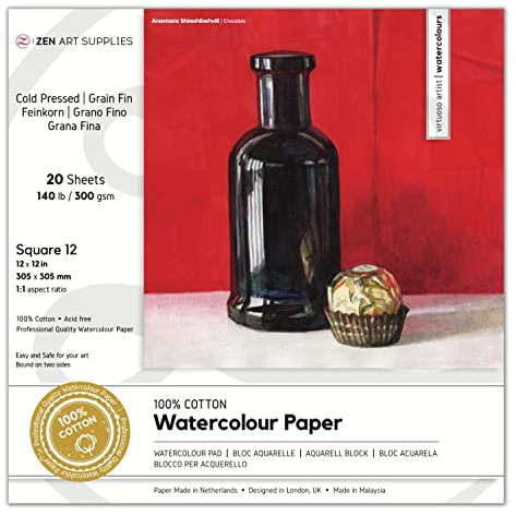 Papel de Acuarela 100% Algodón 300g Prensado en Frío – 30x30 cm, Bloc Acuarela de 20 Hojas, Libre de Ácido, Encuadernación de 2 Lados - para Acuarela, Gouache, Tinta, Acrílico y Técnicas Mixtas
