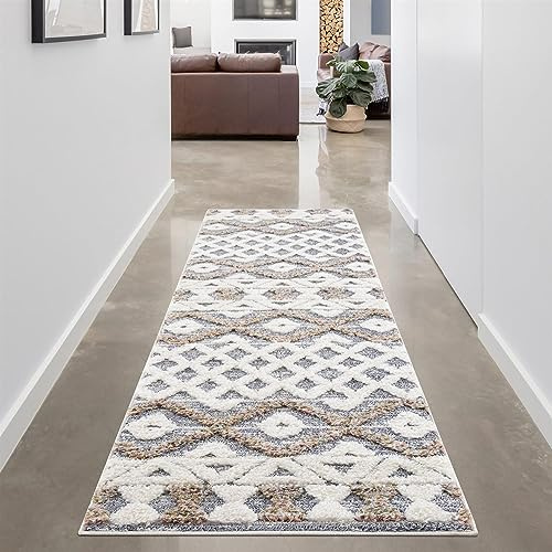 carpet city Teppich-Läufer Hochflor Flur - 80x300 cm - Scandi-Look Ethno Creme Grau - Cut-Loop, Hochtief, 3D-Effekt - Shaggy Teppiche Flauschig-Weich Schlafzimmer Langflor Bettvorleger
