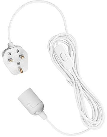 Teynewer Pendant Light Ceiling Lighting Fitting, E27 Lamp Holder with Switch Suspended Pendant Light Fitting Kit, 2 Core Textile Cable UK Plug (White, 3m)