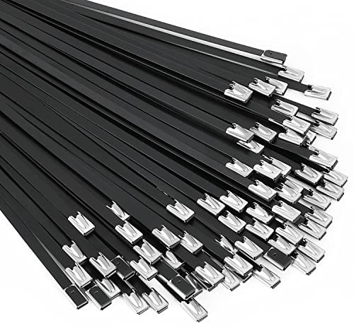 Metal Zip Ties black 100pcs 11.8 inch 304Stainless steel Epoxy Coated Cable Tie Multi-purpose Self-locking Cable Ties used for machinery, vehicles, farms, cables, pipesas well as Outdoor binding