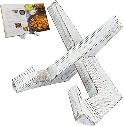 ZALTAS Rezeptbuchhalter, Massivholz-Buchhalter, Kochbuchhalter, stabiler, leichter Buchständer für Lehrbücher, Kochbücher, Rezepte, Tablets (Vintage-Weiß)
