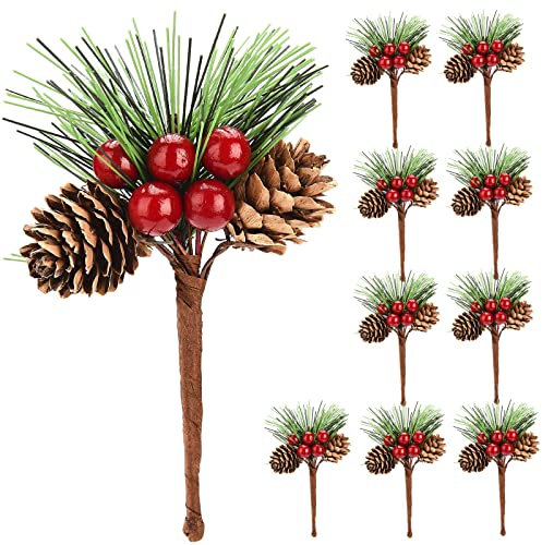 PRTECY 10/20 Stück Künstliche Kiefernspieße, Kleine Rote Stechpalmenbeeren, Stiele, Künstliche Beeren, Tannenzapfen, Zweige Zum Basteln, für Weihnachtsbaum, DIY-Girlande, Feiertagskranz