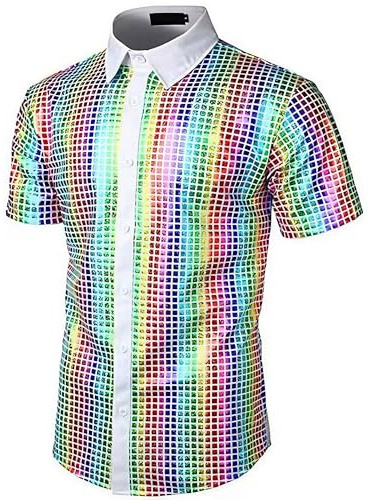 ABEHIK Herren Disco Hemd mit Pailletten 70er Kurzarm Party Kostüm für Männer Rave Shirt Mottoparty Karneval
