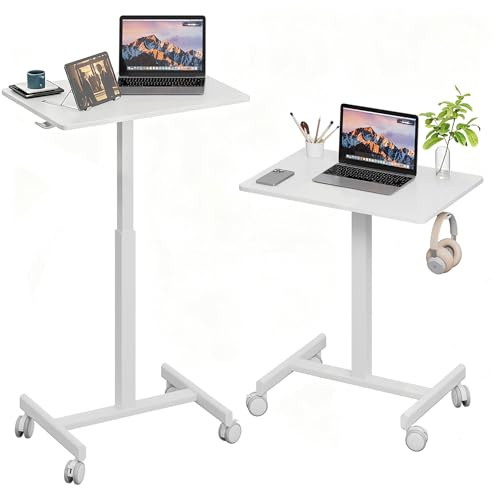 Gamork Mobile Standing Desk on Wheels, Pneumatic Height Adjustable, White