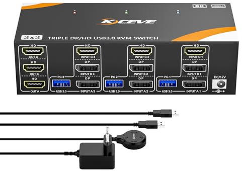 YOUTINGHDAV KVM Switch 3 PC 3 Moniteurs 8K@60Hz / 4K@144Hz, DisplayPort 1.4 HDMI 2.1 USB 3.0 KVM Switch Triple Monitor pour 3 PC Partage Souris, Clavier, Wired Remote(8K HD DP 3 in 3 out KVM)