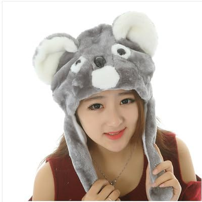 LKNBIF Plush Animal Hat with Ear Flaps, Plush Koala Hat Cartoon Animal Cap Cosplay Costume Headwear Warm Cozy Hats for Kids Adults Novelty Headgear Photo Props