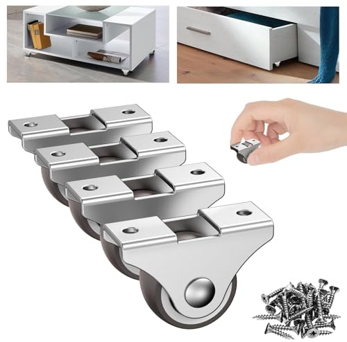 1 Inch Fixed Caster Wheels Low Profile Rubber Casters for Furniture Drawer Storage Bin Silver 4PCS