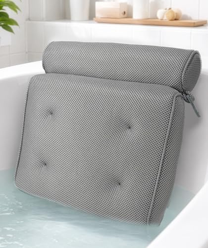 Everlasting Comfort Almohada de Baño para Bañera con Comodidad para Cabeza y Cuello - Almohada Antideslizante con Ventosas, Malla de Secado Rápido y Gancho - Accesorios para Jacuzzi y SPA - Gris
