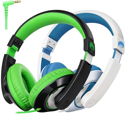 rockpapa Casque audio confortable pour enfants, garçons et filles, adolescents, casque filaire 3,5 mm pour lecteur CD, DVD, tablette, téléphone, voyage, noir/vert + blanc/bleu