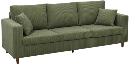 HOMCOM 3 Seater Sofa 225 cm LCouch Wide Deep Seat Green | Comfy Corduroy, Wide Armrests, Spring Cushion, Thick Padded, Solid Wood Legs, Fabric Sofa Couch, Living Room
