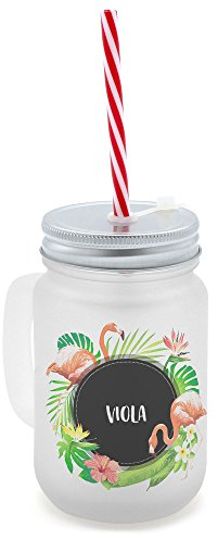 printplanet® - Trinkglas mit Henkel und Strohhalm - Bedruckt mit Namen Viola Layout Tropisch - Henkel-Glas satiniert mit Deckel und Mehrweg-Trinkhalm