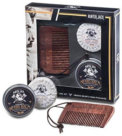 Hunter Jack Beard Kit for Men - Sandalwood Beard Comb, Beard Soap, and Beard Balm - Fine Tooth Mustache Comb - Mens Beard Kit for Care and Grooming in Premium Gift Box