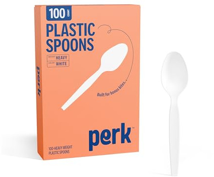 Perk Heavyweight Plastic Spoons, 100 Count Disposable Spoons, Durable Premium White Cutlery for Parties, Office Breakroom, Desserts & Snacks