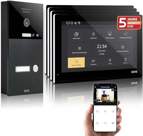 GVS IP Video Türsprechanlage mit Türöffner, 4X 10 Zoll Monitore & App | Smarte Video Türklingel mit Kamera und Monitor & App - Gegensprechanlage für 1 Familienhaus (AVS5504A)