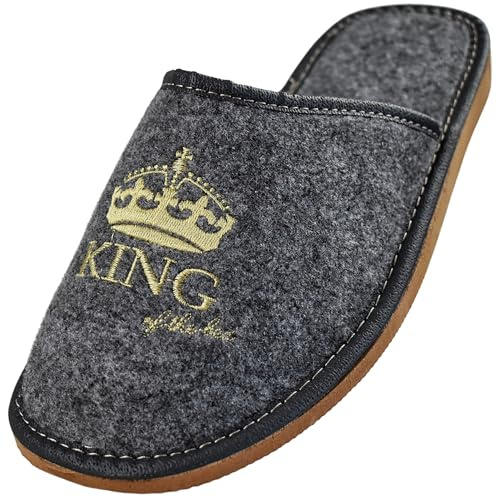 APREGGIO -Pantofole in feltro da uomo - 'King of the House' con corona, calde e comode, suola antiscivolo - Realizzate a mano (Grigio, 45)