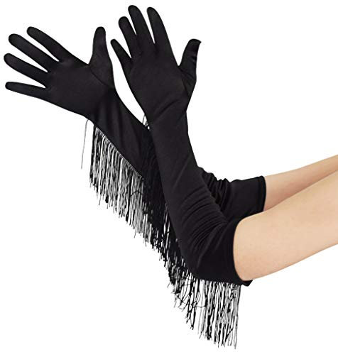 Bskifnn Lange Satin-Handschuhe mit Quaste, 49 cm, Ellenbogen-Handschuhe, dehnbar, 1920er-Jahre, Brauthandschuhe für Kostümparty, Halloween, Schwarz, Einheitsgröße