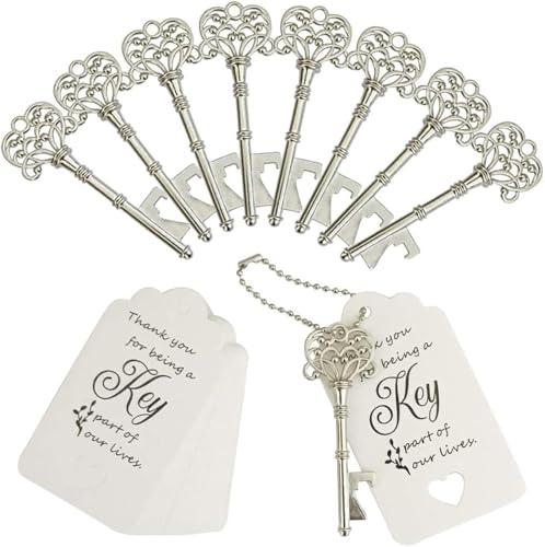 WODEGIFT 100 PCS Wedding Favors Bottle Opener,Wedding Gifts for Guest Vintage Skeleton Key Bottle Opener,Key Bottle Openers with Escort Tag Cards and Key Chains (Silver)