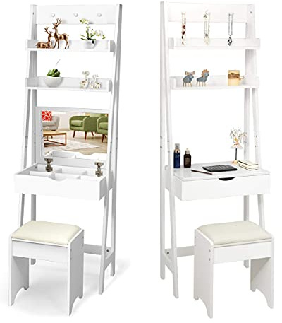 RELAX4LIFE Schminktisch mit Gepolstertem Hocker & Klappbarem Spiegel, Frisiertisch mit 4 Ablagefächern & 2-stufigem Regal, Kosmetiktisch für Schlafzimmer (Weiß)