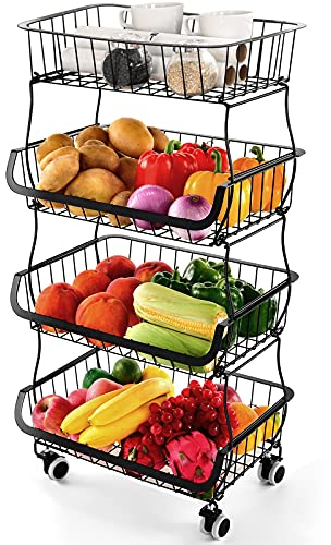 Fruit Vegetable Storage Basket Rack, 4 Tier Stackable Metal Wire Storage Baskets on Wheels, Fruit Vegetable Produce Basket Organizer Bins for Kitchen, Pantry, Bathroom Black