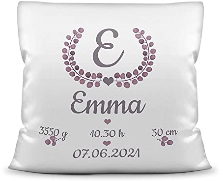 Print Royal Kissen mit Füllung - mit Geburtsdaten Personalisieren - Babygeschenk für Mädchen, Geschenk zur Geburt oder Taufe, Geburtskissen, Namenskissen fürs Baby I Kissen Polyester Weiß, 40x40 cm