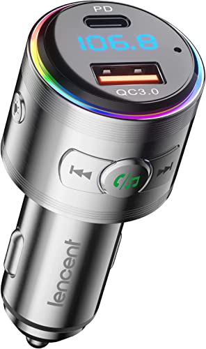 LENCENT 48W FM Transmitter Auto Bluetooth 5.3, Ganzmetall PD 30W & QC3.0 18W Schnelle Autoladegerät Zigarettenanzünder, KFZ Bluetooth Adapter Freisprechanlage, Noise Cancelling Mikrofon, Lichtschalter