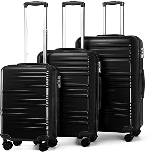 British Traveller Reisekoffer Set Handgepäck Koffer Hartschalenkoffer ABS+PC mit 8 Spinnerräder Rollkoffer mit TSA-Schloss Koffer Trolleys Neu Schwarz