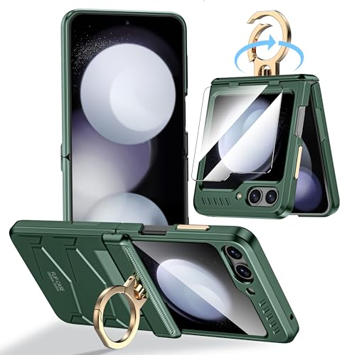 Vizvera for Samsung Galaxy Z Flip 5 Case with Hinge Protection, Bulitin Outer Screen Protector, Ring, Kickstand Military Grade Phone Case Protective Silicone Z Flip 5 Cover Shockproof 2023-Green