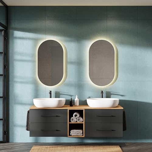 Planetmöbel LUX Badmöbel Set Waschbecken mit Unterschrank | 170 cm hängend, 2 Aufsatz-Waschbecken 60 cm weiß, Waschbeckenunterschrank Gold Eiche/Anthrazit